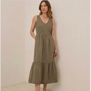 Pact Olive V-Neck Tiered Midi Dress